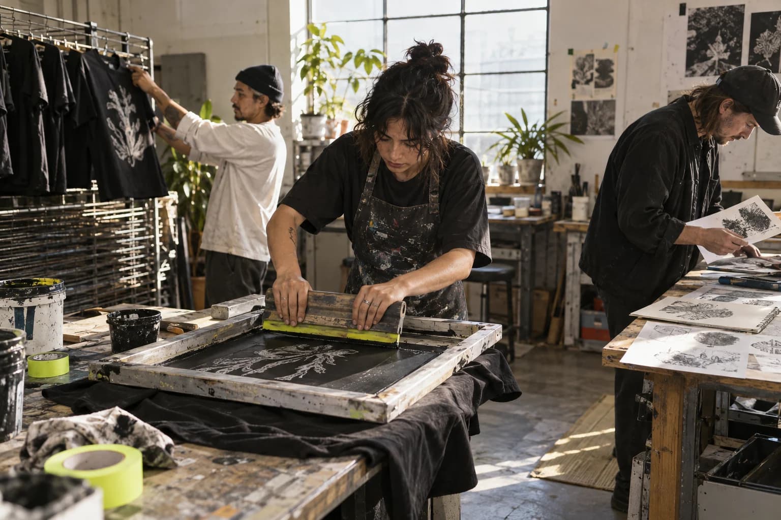 Three artists screen-printing and reviewing shirt artwork in a working studio