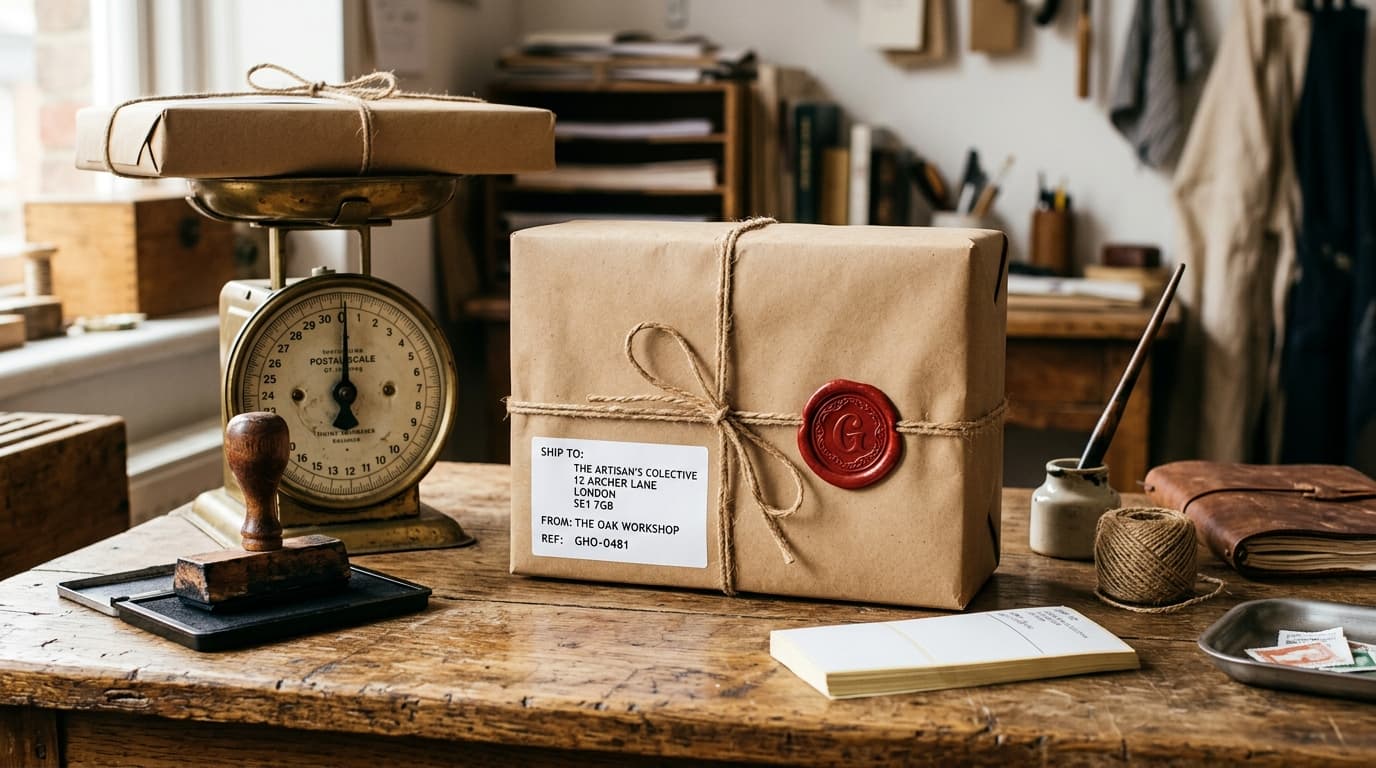Editorial postal dispatch desk with kraft parcel and red wax seal